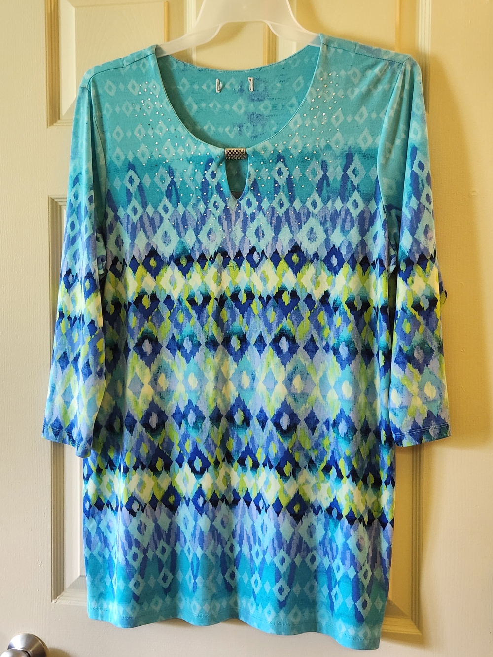 Women's Blue Patterned 3/4 Sleeve Scoop Neck Top